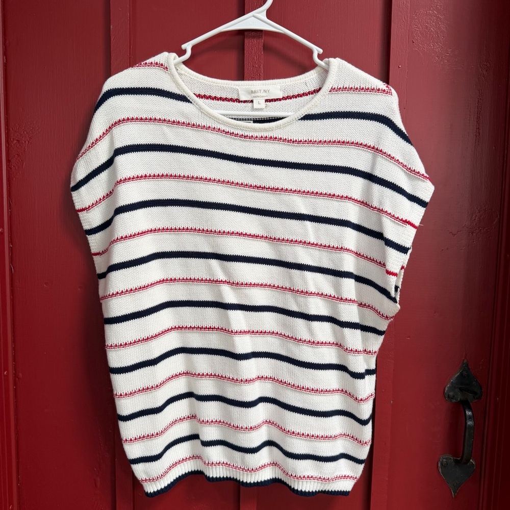 Striped White Knit Tank Top with Navy & Red Accents